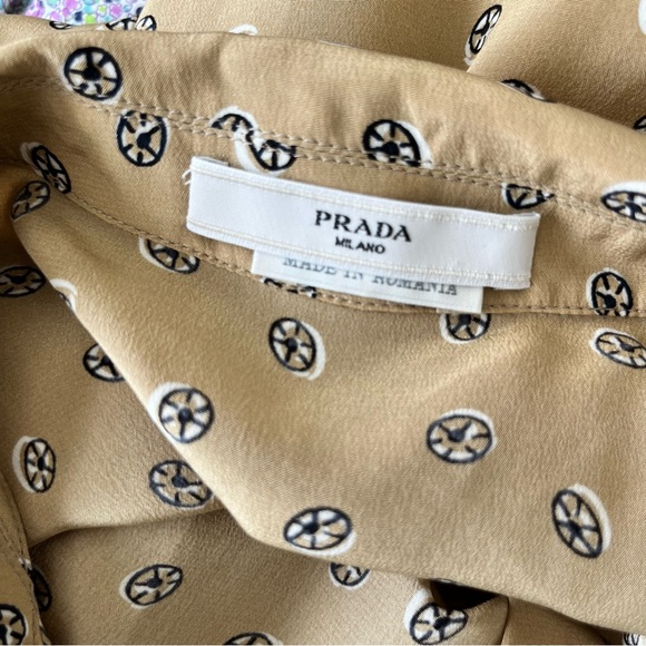 Prada Silk Circular Pattern Button Down Tan Short Sleeve Blouse Top - Picture 11 of 13